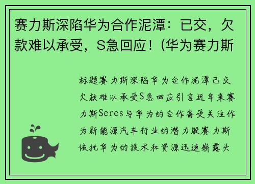 赛力斯深陷华为合作泥潭：已交，欠款难以承受，S急回应！(华为赛力斯卖的怎么样)