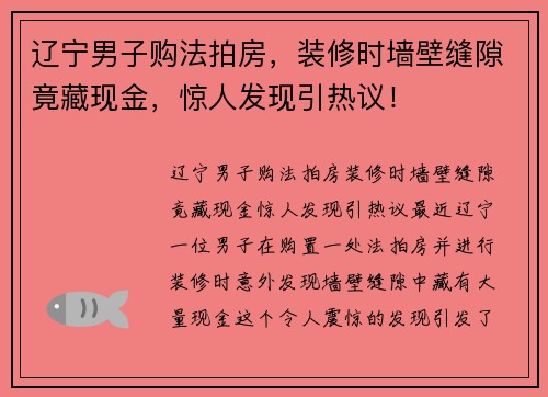 辽宁男子购法拍房，装修时墙壁缝隙竟藏现金，惊人发现引热议！